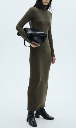 vestido punto cuello vuelto caqui mango